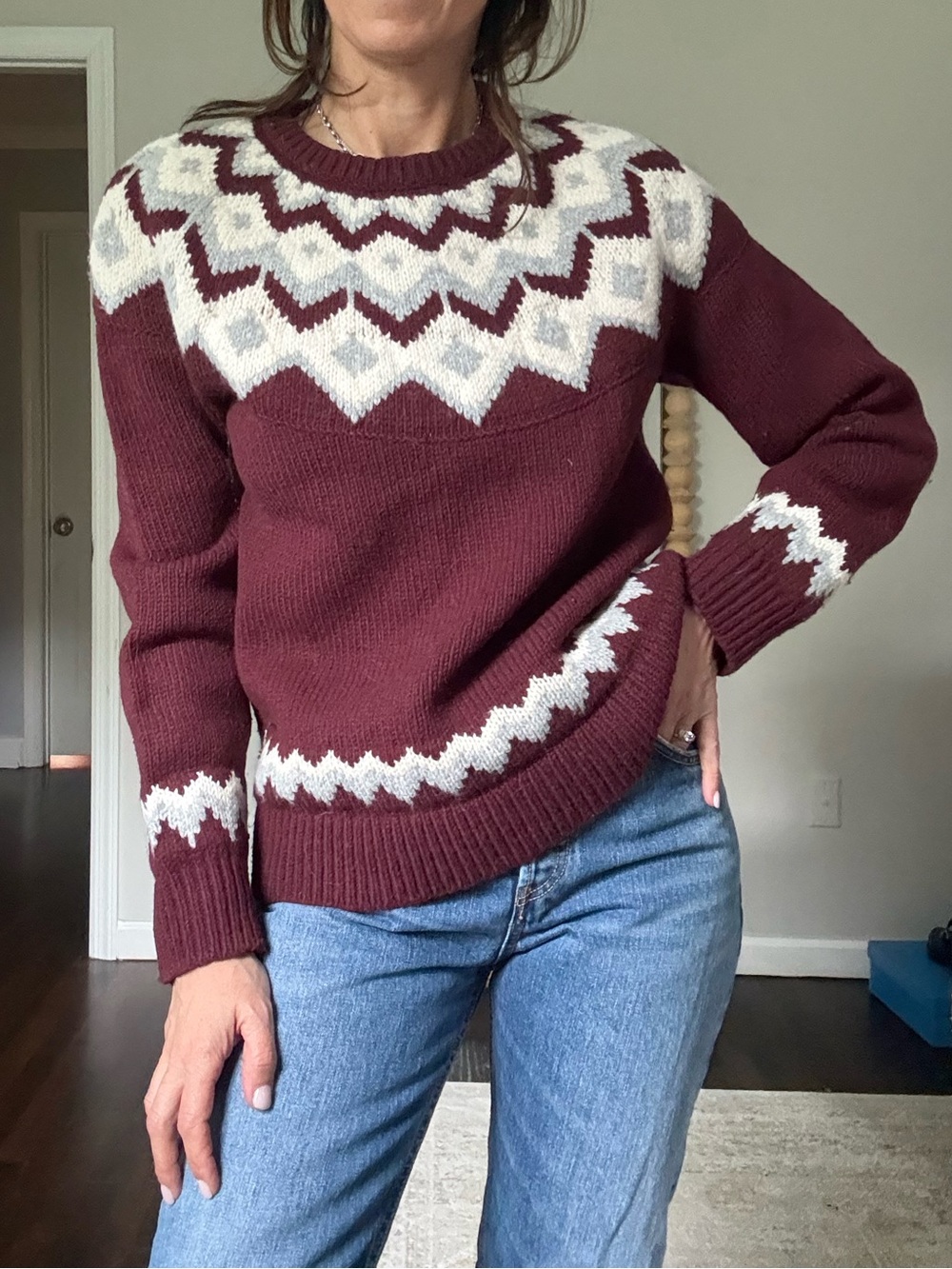 LL Bean Ragg Maroon Wool Fairisle Sweater
